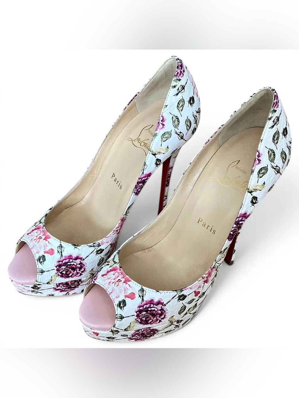 Christian Louboutin Fetish Peep 150 Watersnake Floral Platform Pumps in 39.